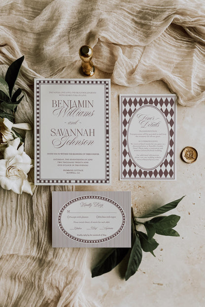 Brown Harlequin Pattern Wedding Invitation, Printed & Shipped, Wedding Stationery
