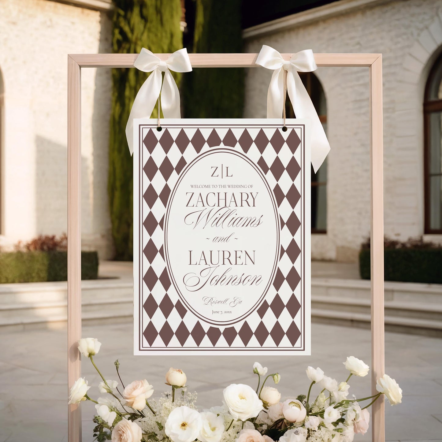 Brown Harlequin Pattern Wedding Welcome Sign, Printed & Shipped, Party Decor