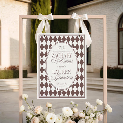 Brown Harlequin Pattern Wedding Welcome Sign, Printed & Shipped, Party Decor