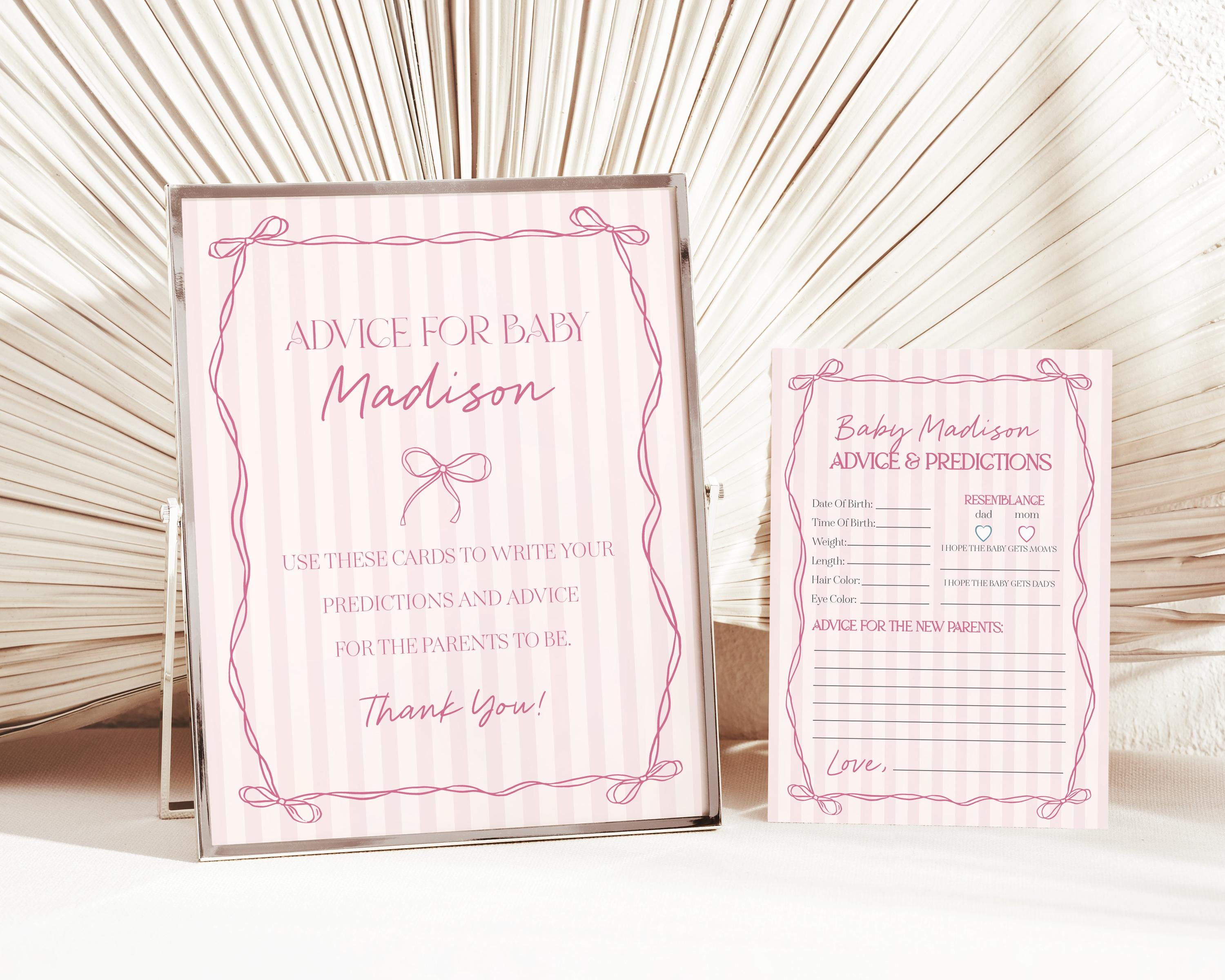 Pink Coquette Bow Advice for Baby Cards Template, Pastel Pink Grandmillennial Theme Baby Sprinkle with Whimsical Hand Drawn Bows WP1060