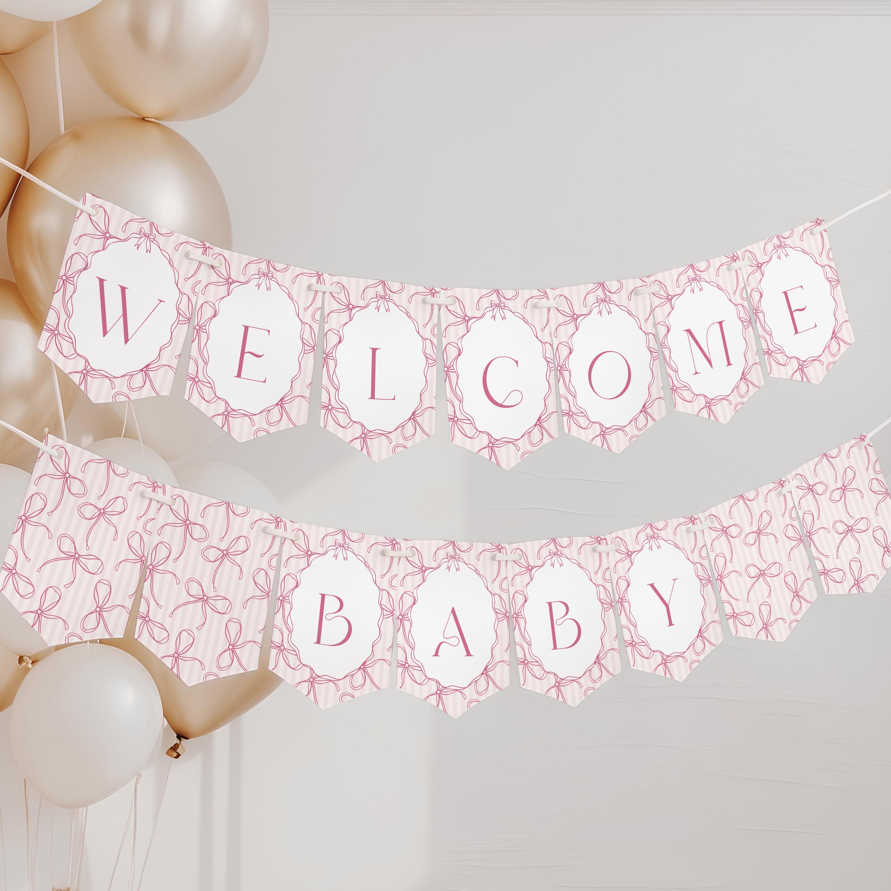 Pink Coquette Bow Baby Shower Banner Template, Pastel Pink Grandmillennial Theme Baby Sprinkle with Whimsical Hand Drawn Bows WP1060