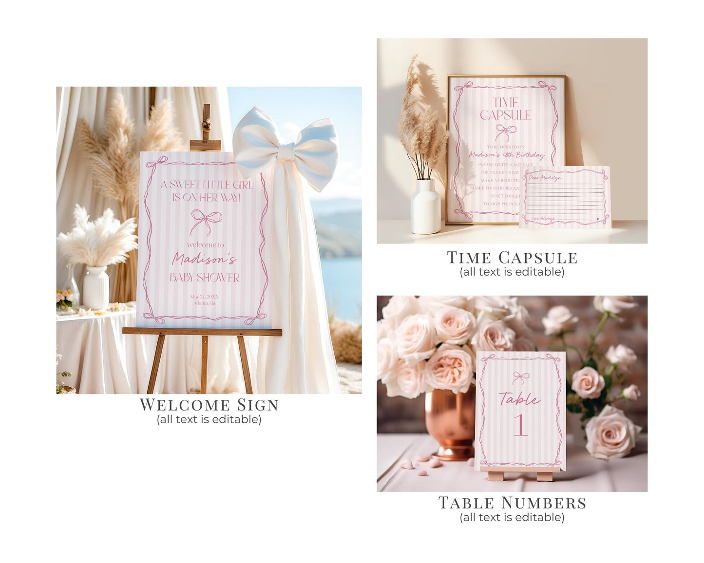 Pink Coquette Bow Baby Shower Bundle Template, Pastel Pink Grandmillennial Theme Baby Sprinkle with Whimsical Hand Drawn Bows WP1060