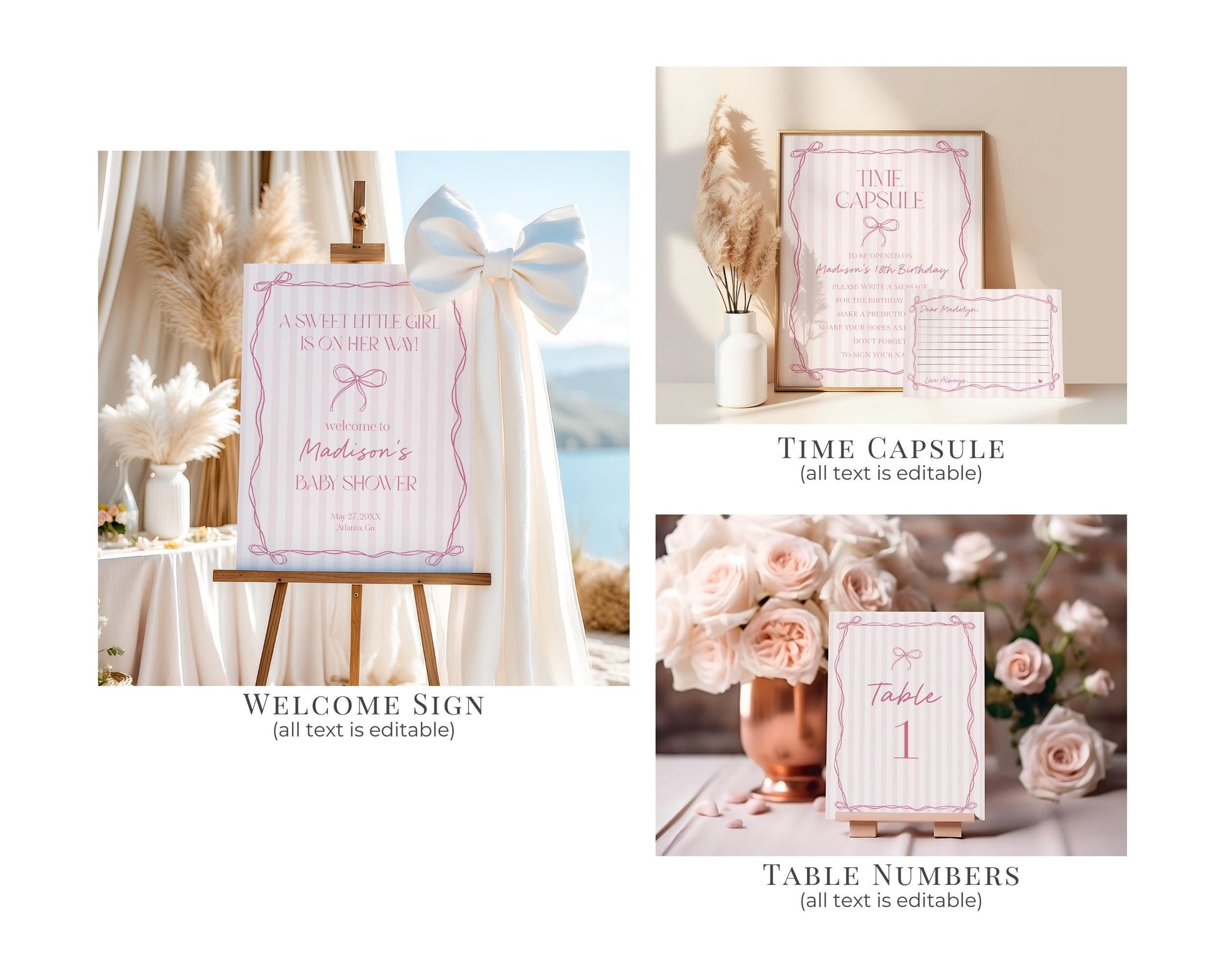 Pink Coquette Bow Baby Shower Bundle Template, Pastel Pink Grandmillennial Theme Baby Sprinkle with Whimsical Hand Drawn Bows WP1060