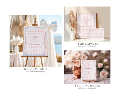 Pink Coquette Bow Baby Shower Bundle Template, Pastel Pink Grandmillennial Theme Baby Sprinkle with Whimsical Hand Drawn Bows WP1060