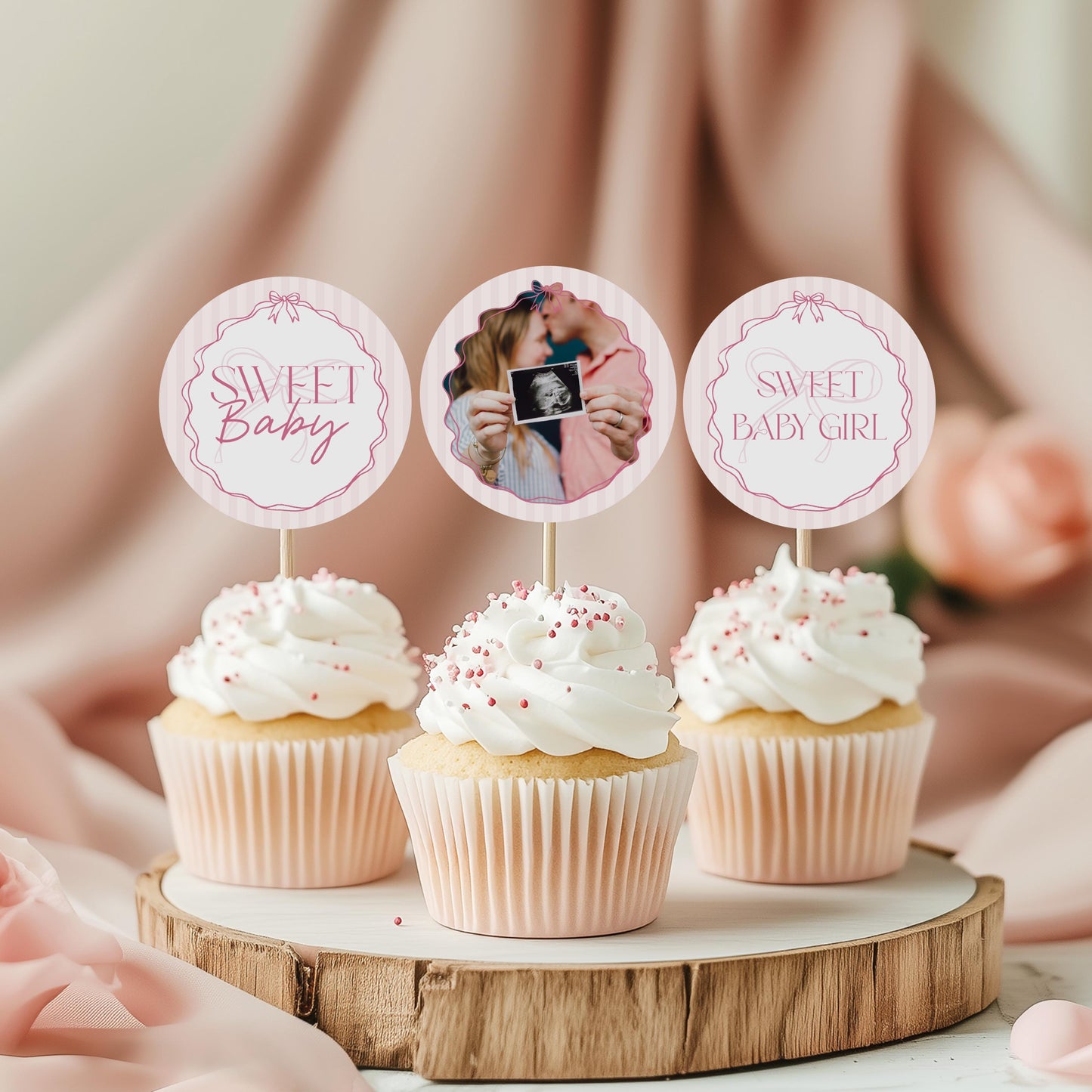Pink Coquette Bow Baby Shower Cupcake Toppers Template, Pastel Pink Grandmillennial Theme Baby Sprinkle with Whimsical Hand Drawn Bow WP1060