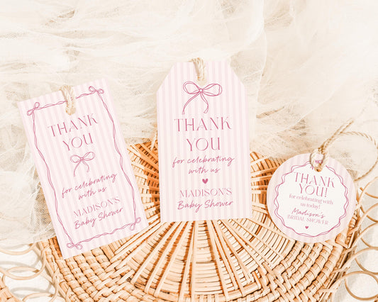 Pink Coquette Bow Baby Shower Favor Tags Template, Pastel Pink Grandmillennial Theme Baby Sprinkle with Whimsical Hand Drawn Bows WP1060
