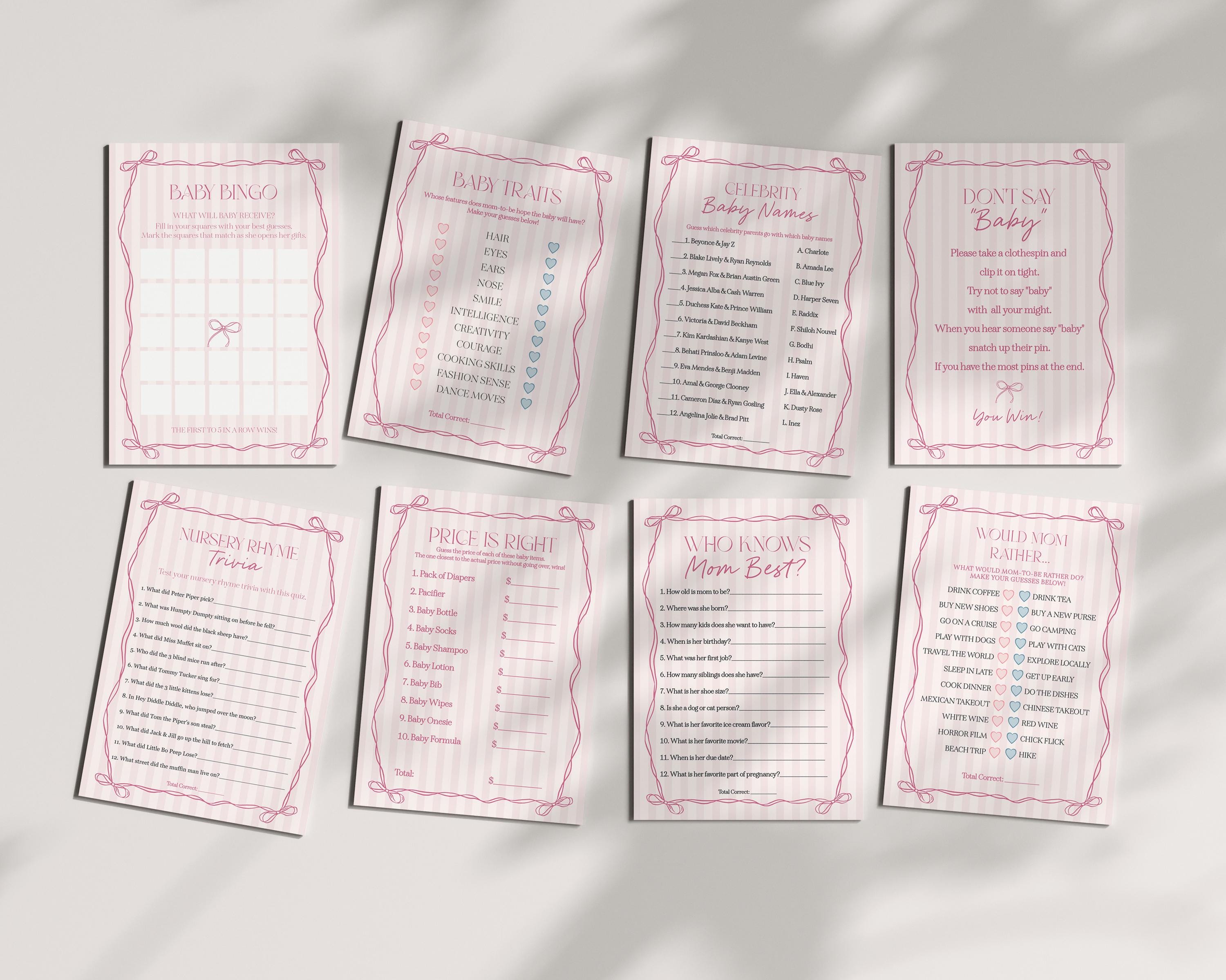 Pink Coquette Bow Baby Shower Games Template, Pastel Pink Grandmillennial Theme Baby Sprinkle with Whimsical Hand Drawn Bows WP1060