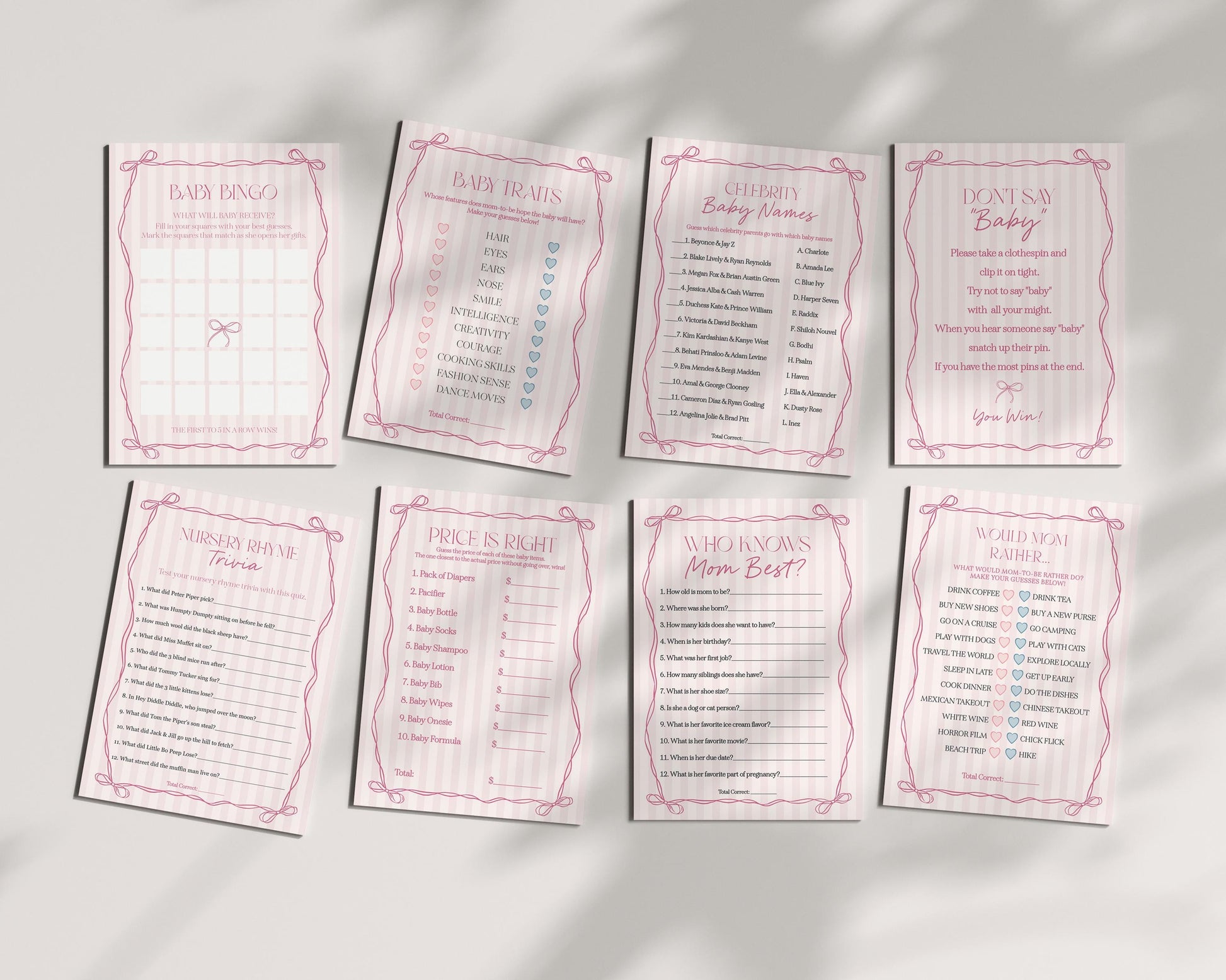 Pink Coquette Bow Baby Shower Games Template, Pastel Pink Grandmillennial Theme Baby Sprinkle with Whimsical Hand Drawn Bows WP1060