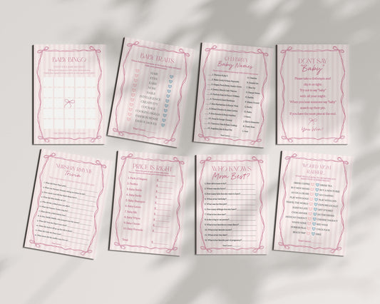 Pink Coquette Bow Baby Shower Games Template, Pastel Pink Grandmillennial Theme Baby Sprinkle with Whimsical Hand Drawn Bows WP1060