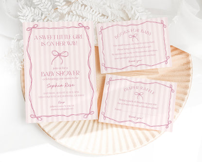 Pink Coquette Bow Baby Shower Bundle Template, Pastel Pink Grandmillennial Theme Baby Sprinkle with Whimsical Hand Drawn Bows WP1060