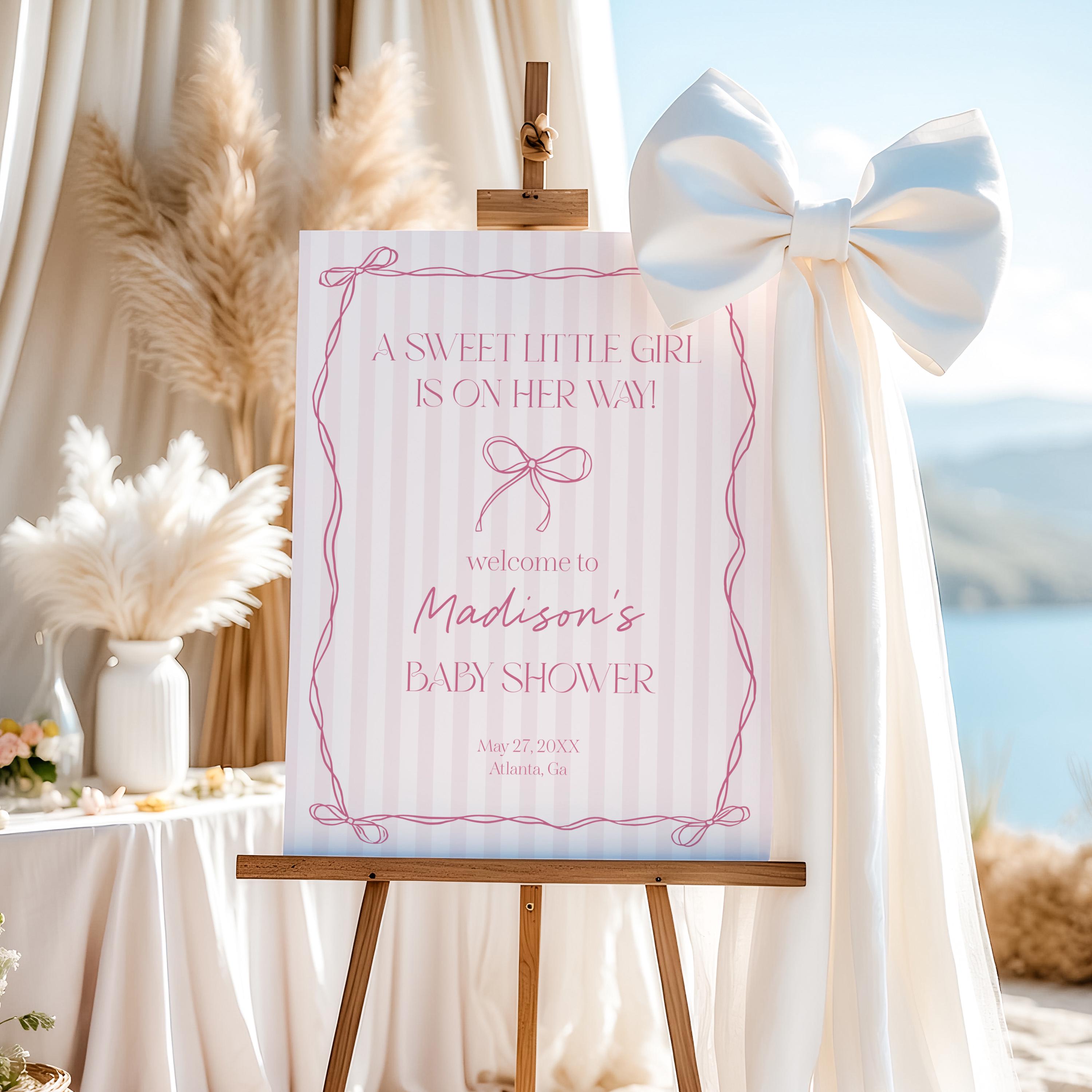 Pink Coquette Bow Baby Shower Welcome Sign Template, Pastel Pink Grandmillennial Theme Baby Sprinkle with Whimsical Hand Drawn Bows WP1060