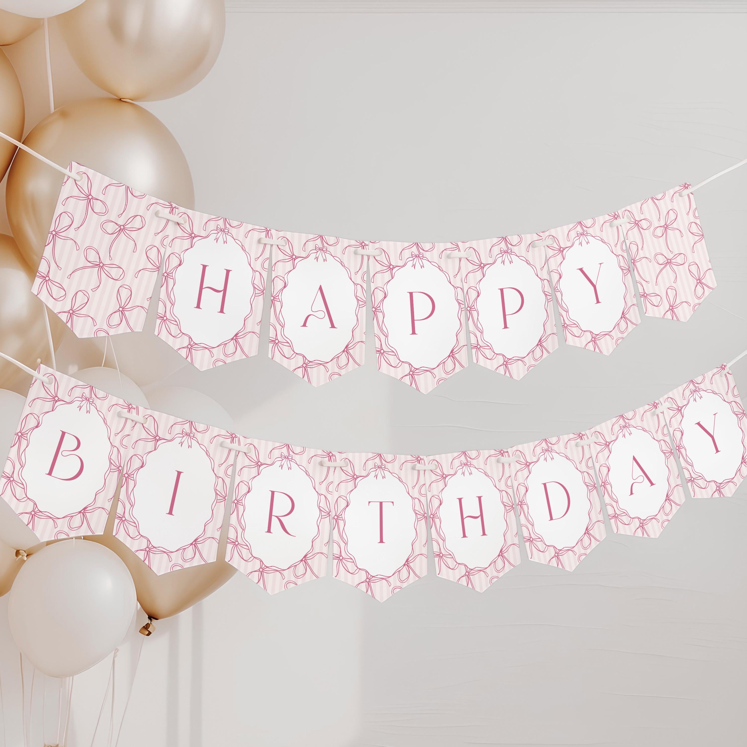 Pink Coquette Bow Birthday Party Banner Template, Pastel Pink Grandmillennial Theme 1st Birthday Party with Whimsical Hand Drawn Bows WP1060
