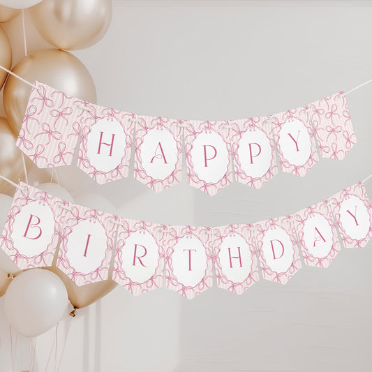 Pink Coquette Bow Birthday Party Banner Template, Pastel Pink Grandmillennial Theme 1st Birthday Party with Whimsical Hand Drawn Bows WP1060