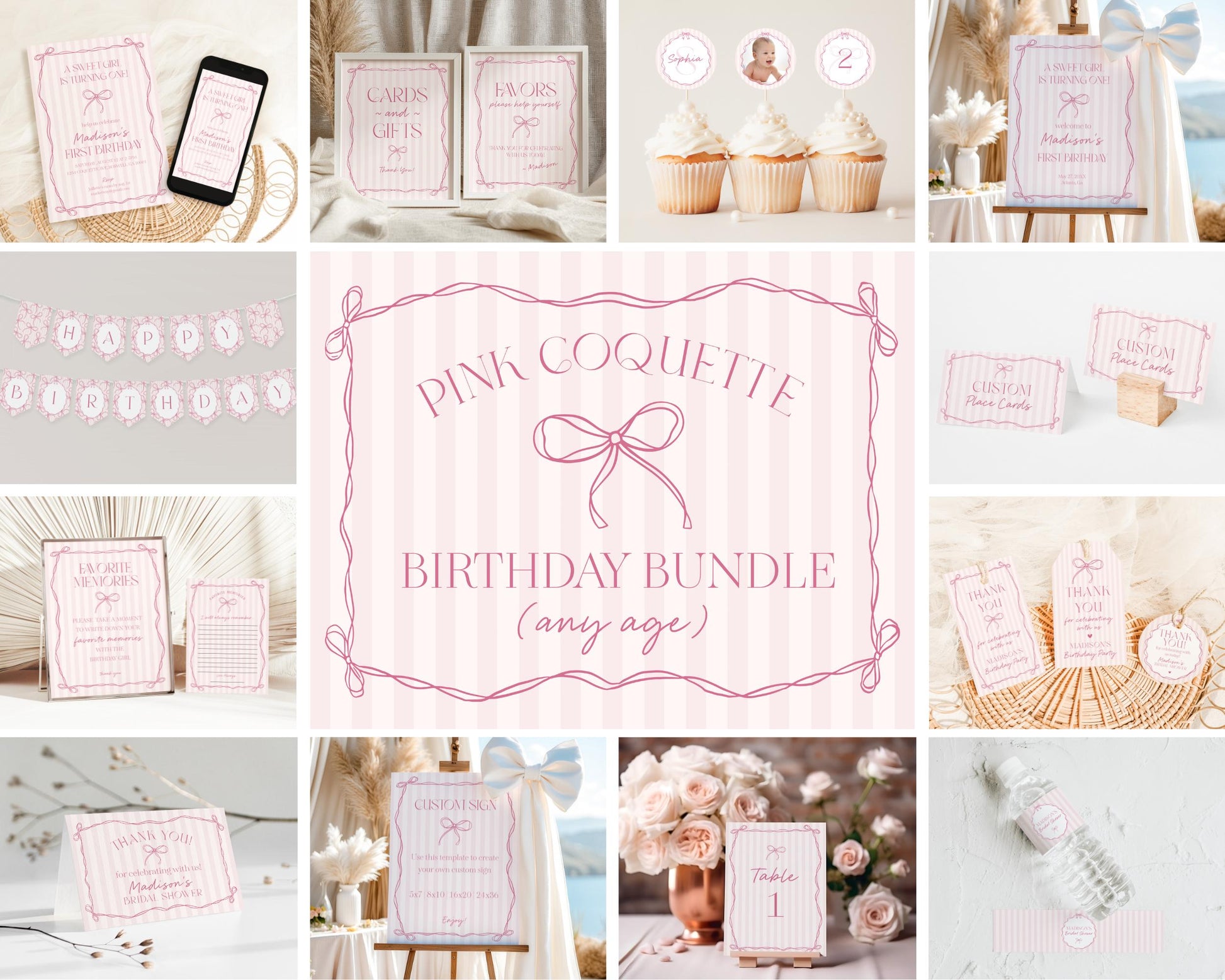 Pink Coquette Bow Birthday Bundle Template, Pastel Pink Grandmillennial Theme Birthday Party with Whimsical Hand Drawn Bows WP1060