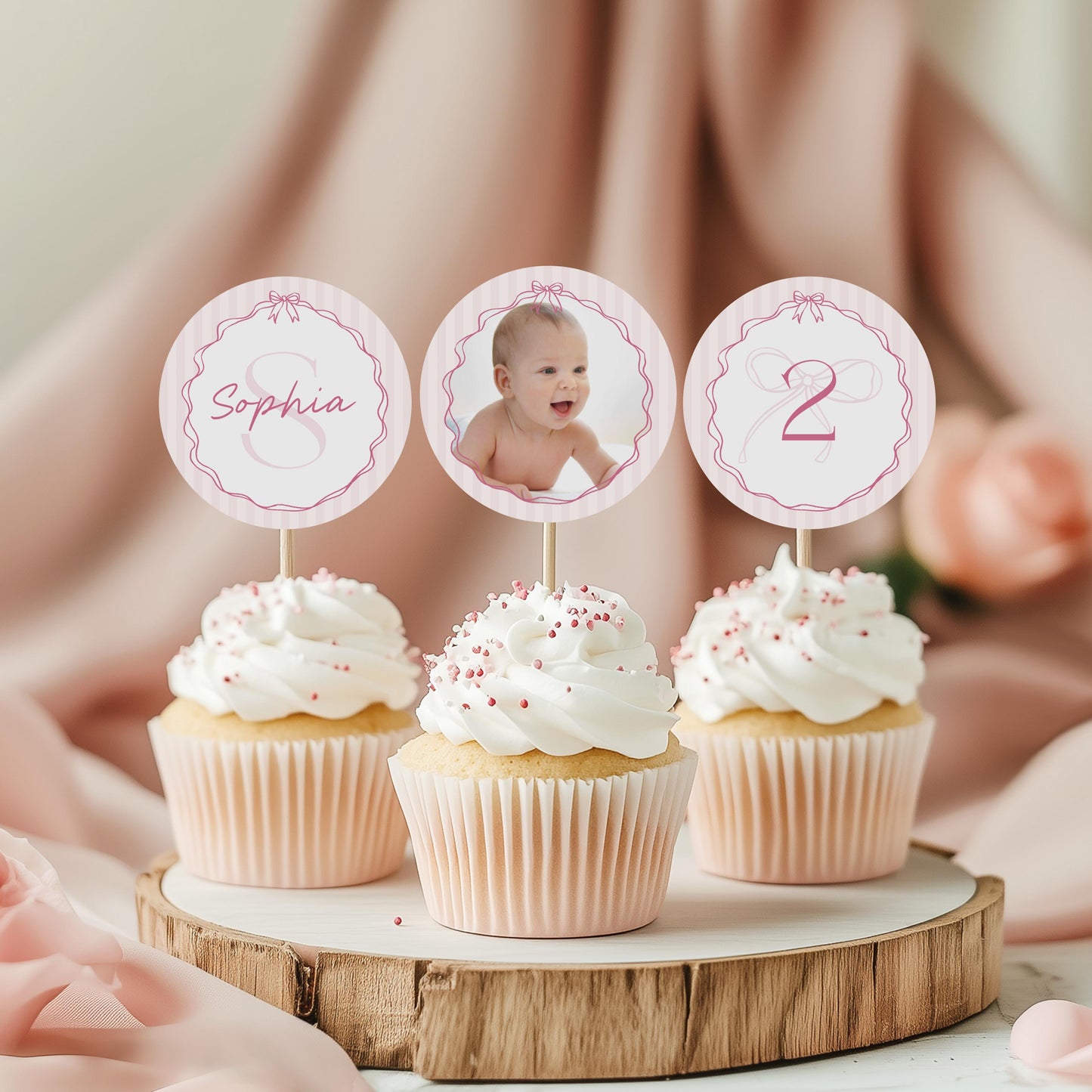 Pink Coquette Bow Birthday Party Cupcake Toppers Template, Pastel Pink Grandmillennial Theme Birthday with Whimsical Hand Drawn Bows WP1060