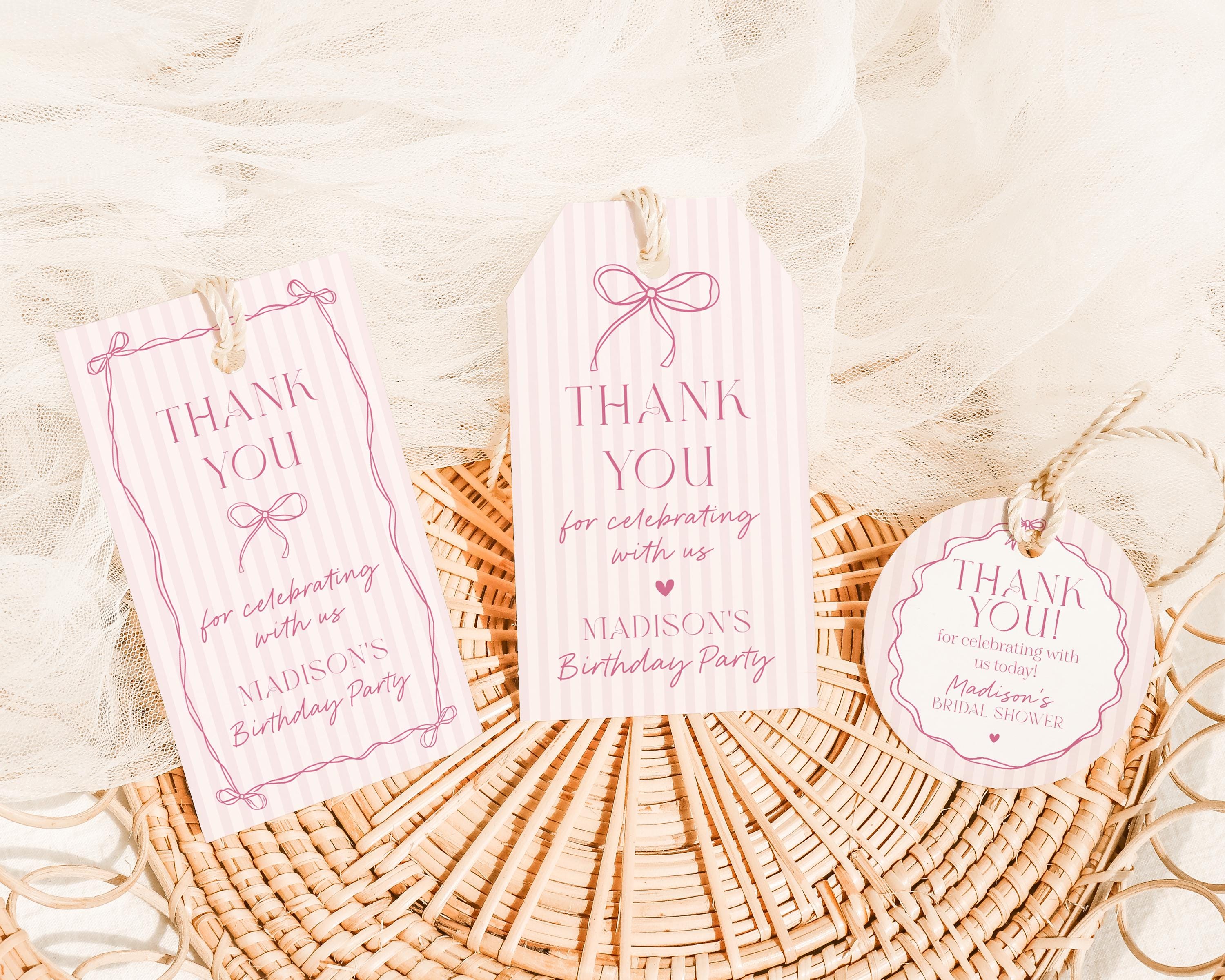 Pink Coquette Bow Birthday Party Favor Tags Template, Pastel Pink Grandmillennial Theme 1st Birthday Party, Whimsical Hand Drawn Bows WP1060