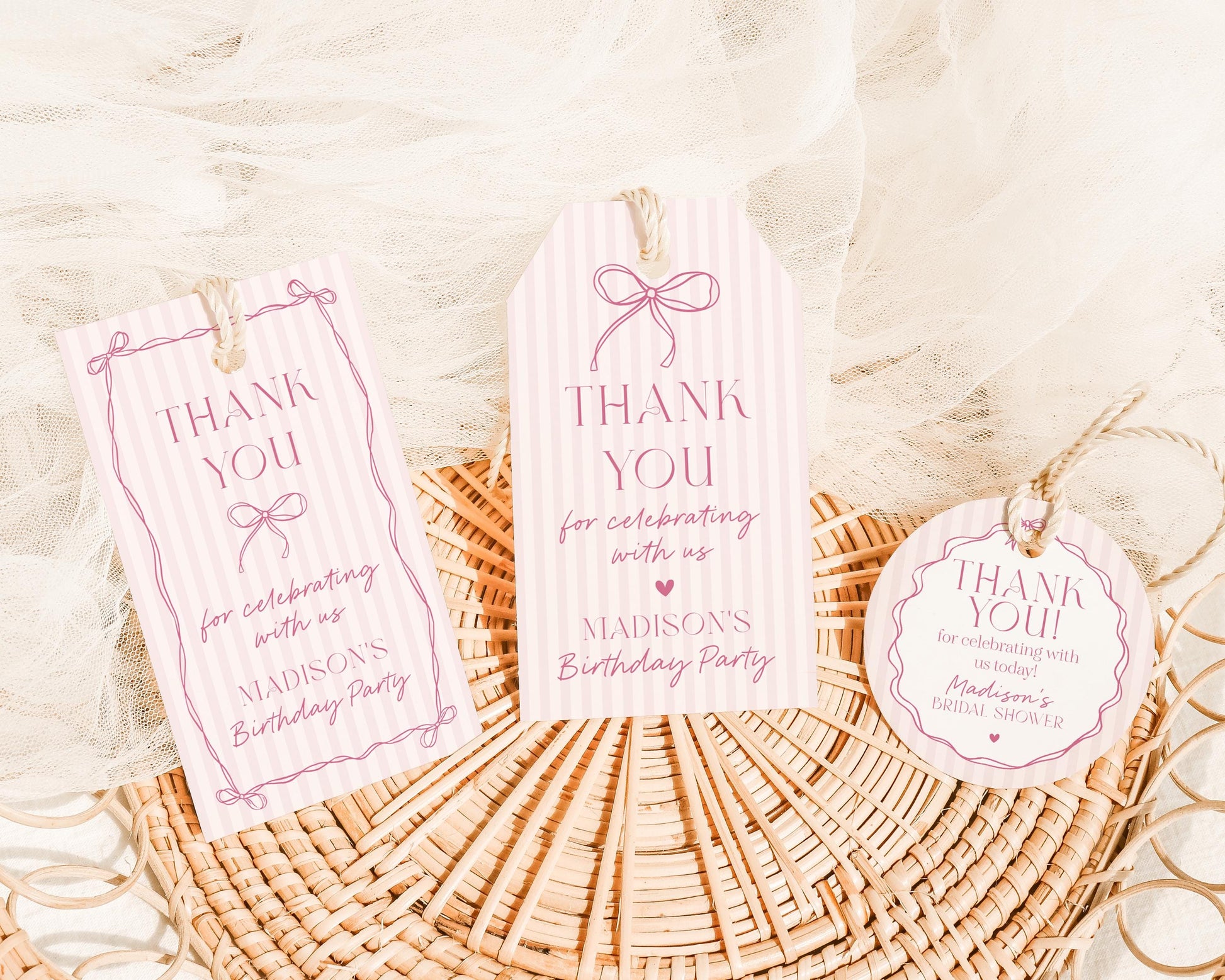 Pink Coquette Bow Birthday Party Favor Tags Template, Pastel Pink Grandmillennial Theme 1st Birthday Party, Whimsical Hand Drawn Bows WP1060
