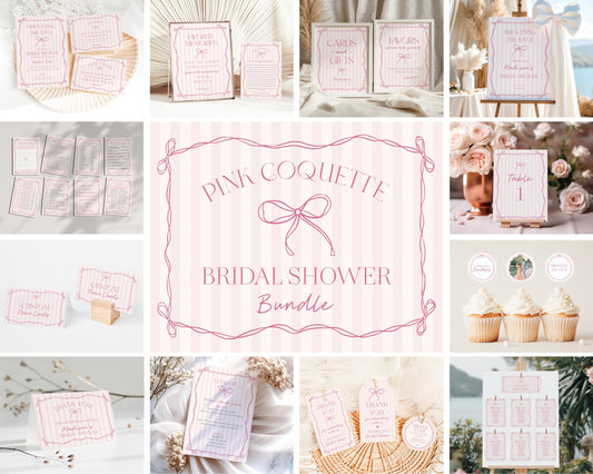 Pink Coquette Bow Bridal Shower Bundle Template, Pastel Pink Grandmillennial Theme Bridal Brunch with Whimsical Tying The Knot Bows WP1060