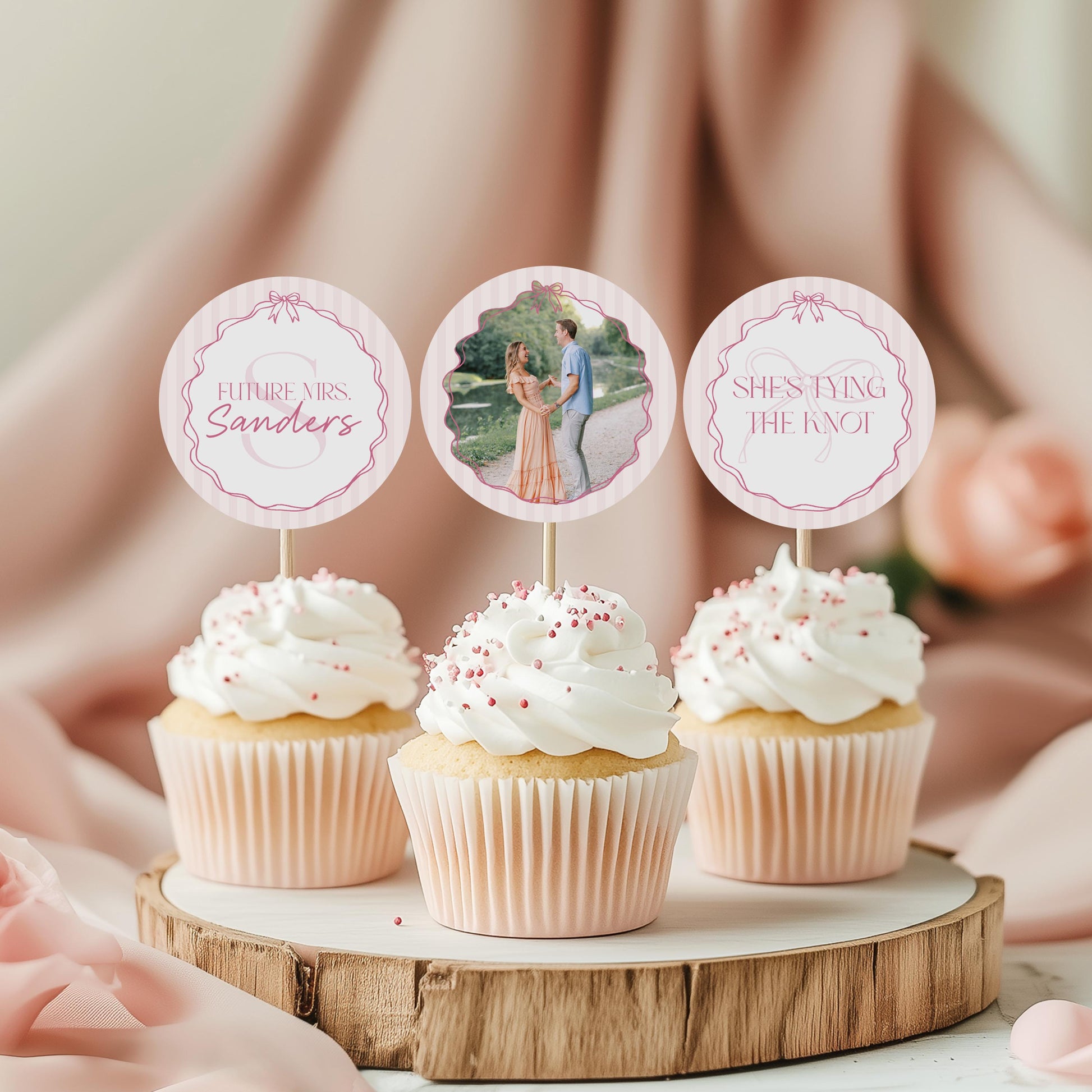 Pink Coquette Bow Bridal Shower Cupcake Toppers Template, Tying the Knot Pastel Pink Grandmillennial Theme Bridal Brunch with Bride WP1060