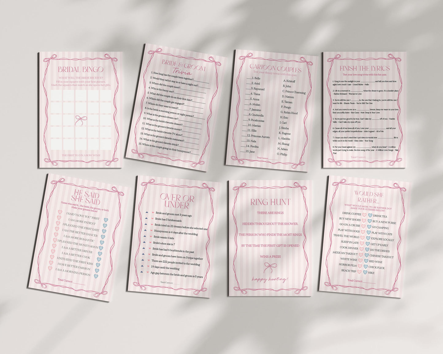 Pink Coquette Bow Bridal Shower Games Set Template, Pastel Pink Grandmillennial Theme Bridal Brunch Whimsical Tying The Knot Bows WP1060