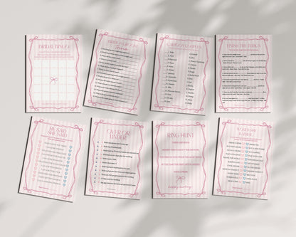 Pink Coquette Bow Bridal Shower Games Set Template, Pastel Pink Grandmillennial Theme Bridal Brunch Whimsical Tying The Knot Bows WP1060