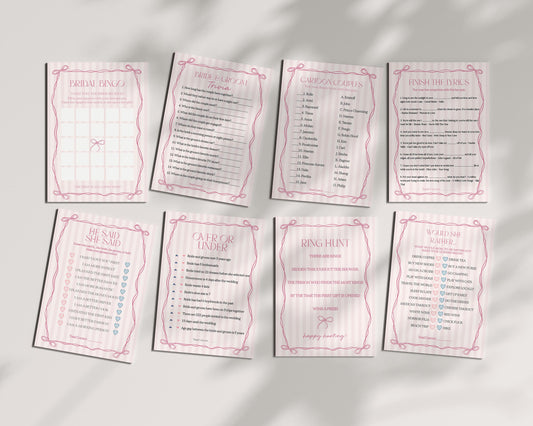 Pink Coquette Bow Bridal Shower Games Set Template, Pastel Pink Grandmillennial Theme Bridal Brunch Whimsical Tying The Knot Bows WP1060