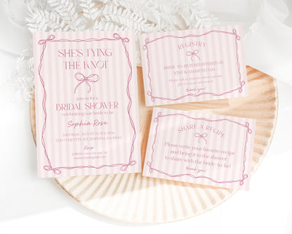 Pink Coquette Bow Bridal Shower Invitation Template, Pastel Pink Grandmillennial Theme Bridal Brunch, Whimsical Tying The Knot Bows WP1060
