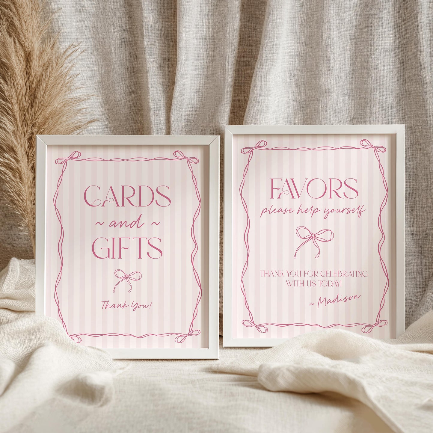 Pink Coquette Bow Cards & Gifts Favors Sign Template, Pastel Pink Baby Shower Theme, Tying the Knot Bridal Shower, Whimsical Birthday WP1060