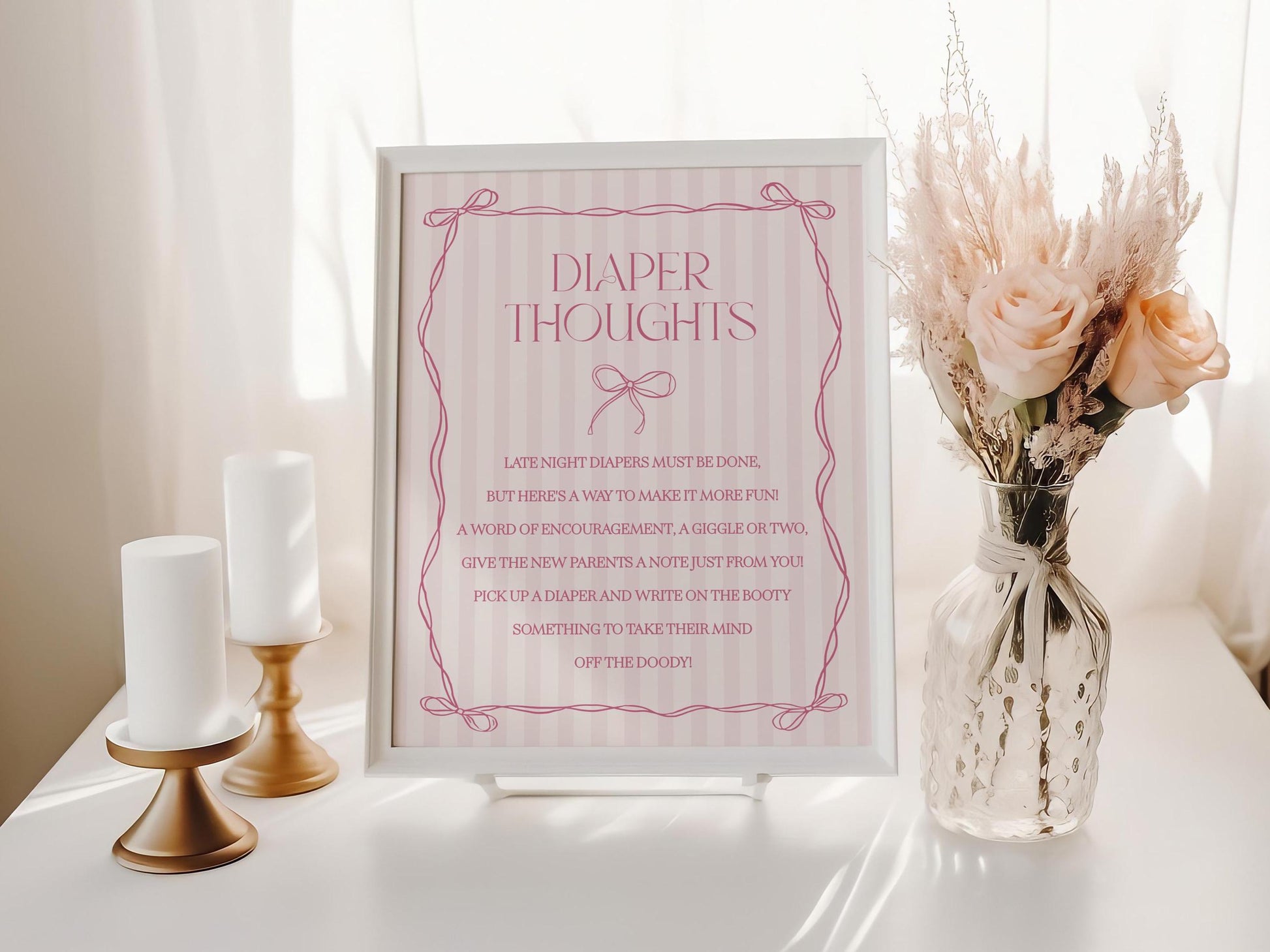 Pink Coquette Bow Baby Shower Diaper Thoughts Sign Template, Pastel Pink Grandmillennial Theme Baby Sprinkle Whimsical Hand Drawn Bow WP1060
