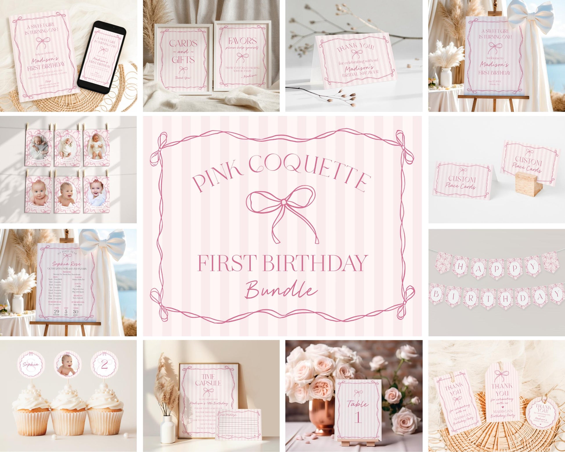 Pink Coquette Bow First Birthday Bundle Template, Pastel Pink Grandmillennial Theme 1st Birthday Party with Whimsical Hand Drawn Bows WP1060