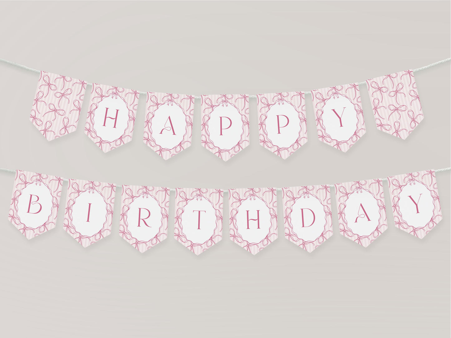 Pink Coquette Bow Birthday Party Banner Template, Pastel Pink Grandmillennial Theme 1st Birthday Party with Whimsical Hand Drawn Bows WP1060