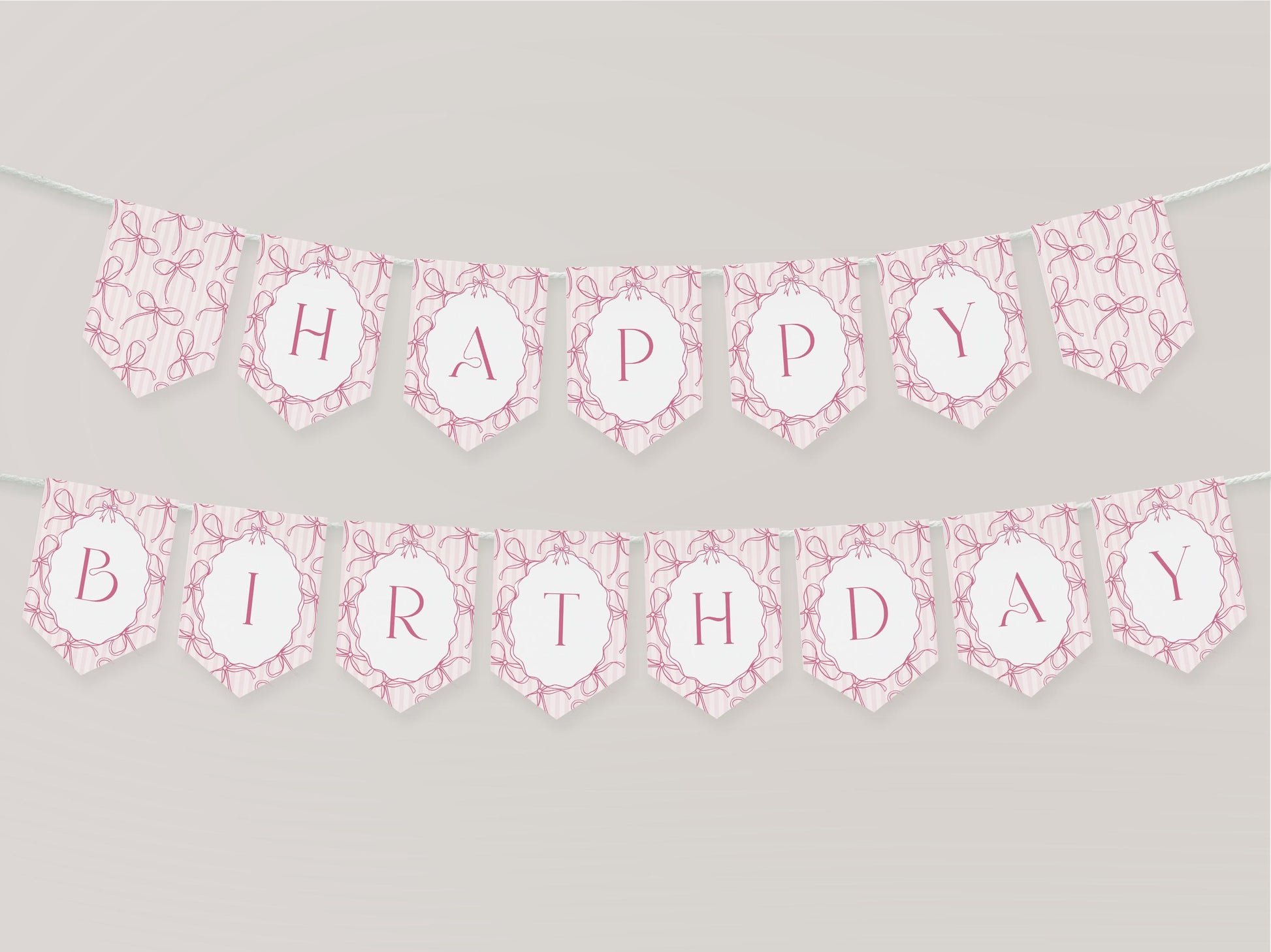 Pink Coquette Bow Birthday Party Banner Template, Pastel Pink Grandmillennial Theme 1st Birthday Party with Whimsical Hand Drawn Bows WP1060