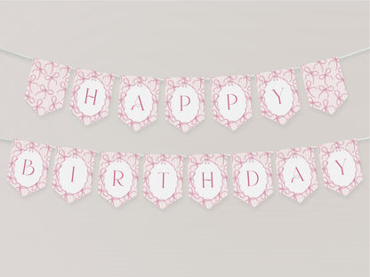 Pink Coquette Bow Birthday Party Banner Template, Pastel Pink Grandmillennial Theme 1st Birthday Party with Whimsical Hand Drawn Bows WP1060