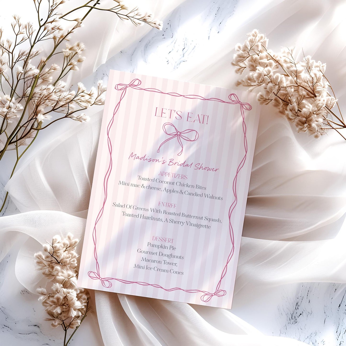 Pink Coquette Bow Menu Template, Pastel Pink Baby Shower Theme, Tying the Knot Bridal Shower, Whimsical Birthday Party DecorWP1060