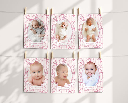 Pink Coquette Bow 1st Birthday Milestone Banner Template, Pastel Pink Grandmillennial Theme 1st Birthday Party Whimsical Bow WP1060