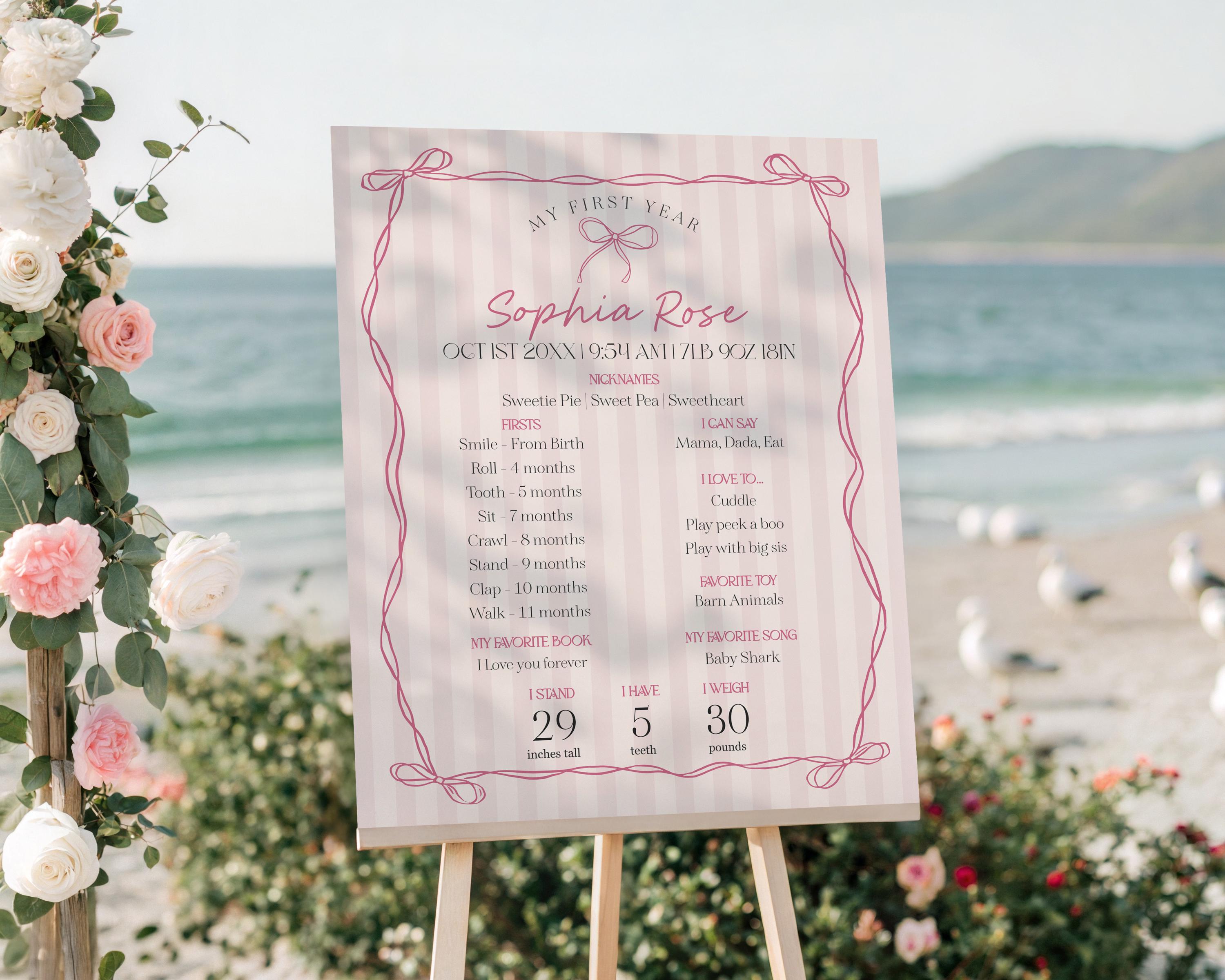 Pink Coquette Bow First Year Milestone Sign Template, Pastel Pink Grandmillennial Theme 1st Birthday Party Whimsical Hand Drawn Bows WP1060
