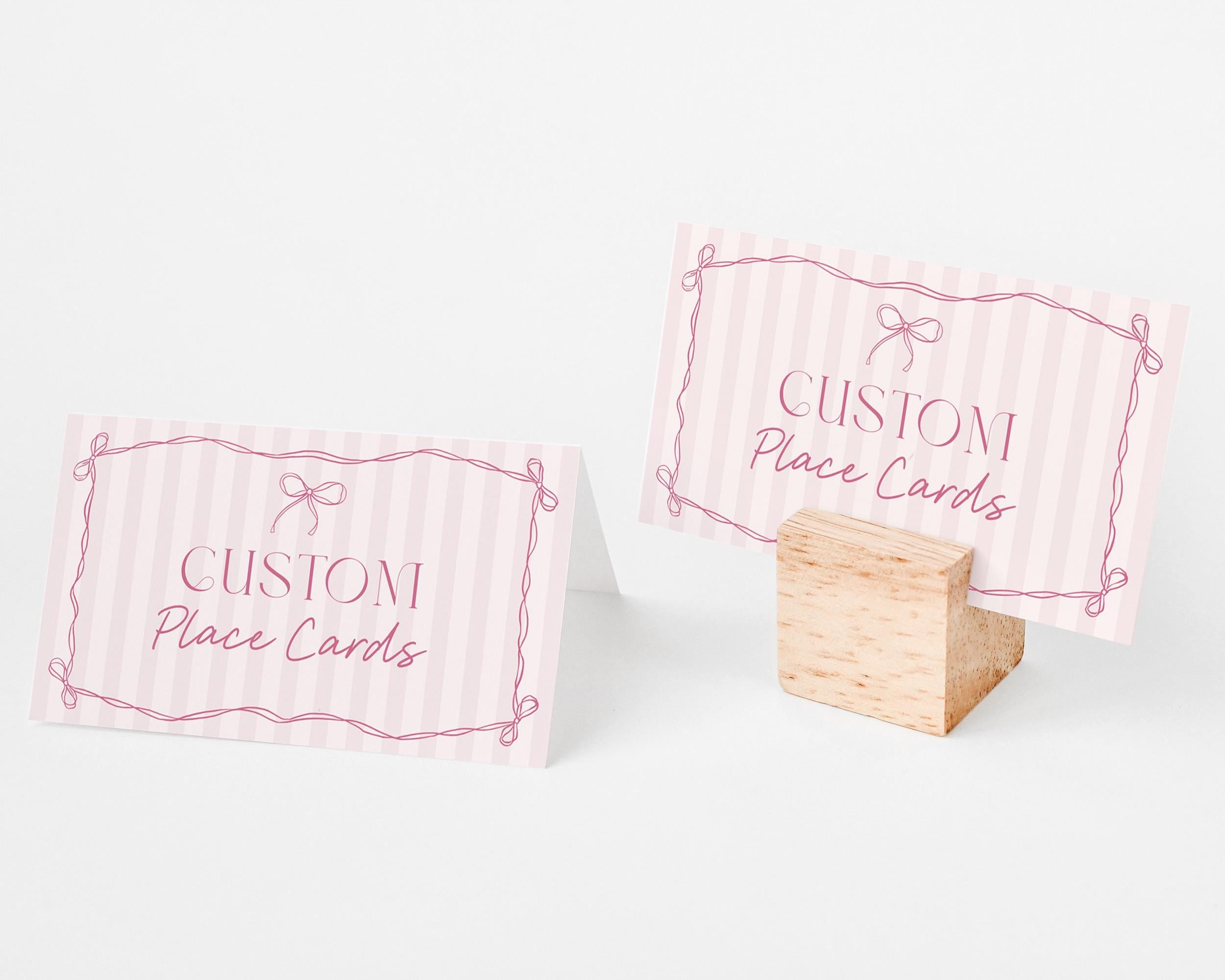 Pink Coquette Bow Place Cards Template, Pastel Pink Baby Shower Theme, Whimsical Tying the Knot Bridal Shower with Whimsical Bows WP1060
