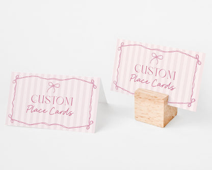 Pink Coquette Bow Place Cards Template, Pastel Pink Baby Shower Theme, Whimsical Tying the Knot Bridal Shower with Whimsical Bows WP1060