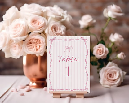 Pink Coquette Bow Table Number Cards Template, Pastel Pink Baby Shower Theme, Tying the Knot Bridal Shower, Whimsical Birthday Party WP1060