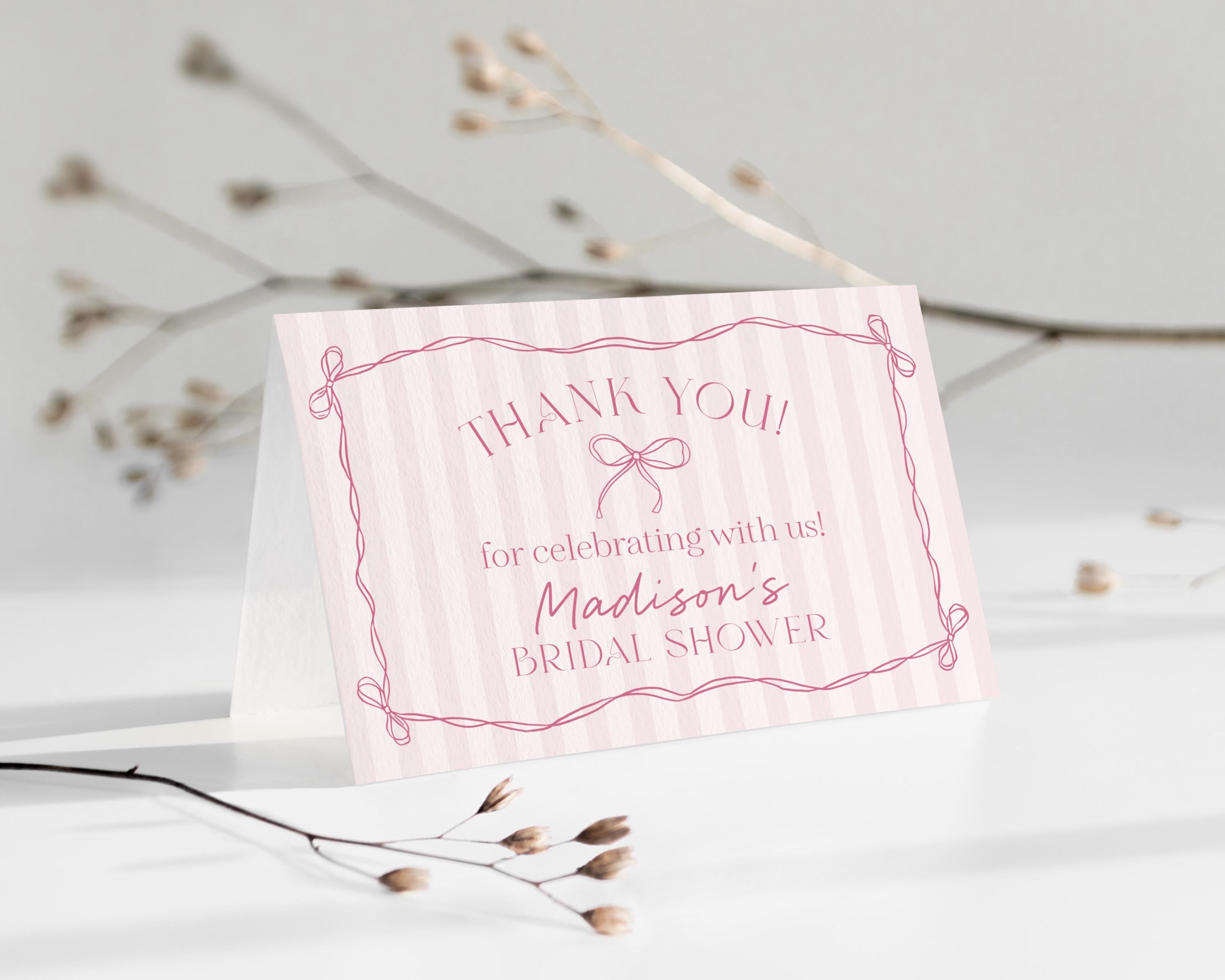 Pink Coquette Bow Thank You Card Template, Pastel Pink Baby Shower Theme, Whimsical Tying the Knot Bridal Shower with Whimsical Bows WP1060