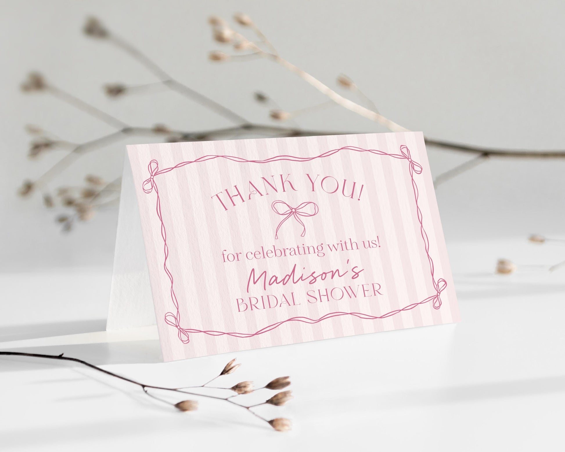 Pink Coquette Bow Thank You Card Template, Pastel Pink Baby Shower Theme, Whimsical Tying the Knot Bridal Shower with Whimsical Bows WP1060