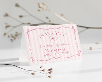 Pink Coquette Bow Thank You Card Template, Pastel Pink Baby Shower Theme, Whimsical Tying the Knot Bridal Shower with Whimsical Bows WP1060