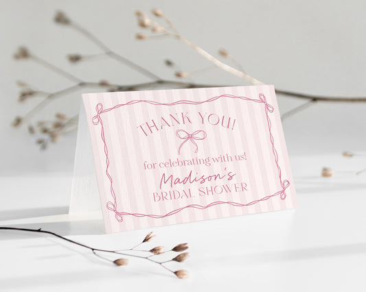 Pink Coquette Bow Thank You Card Template, Pastel Pink Baby Shower Theme, Whimsical Tying the Knot Bridal Shower with Whimsical Bows WP1060