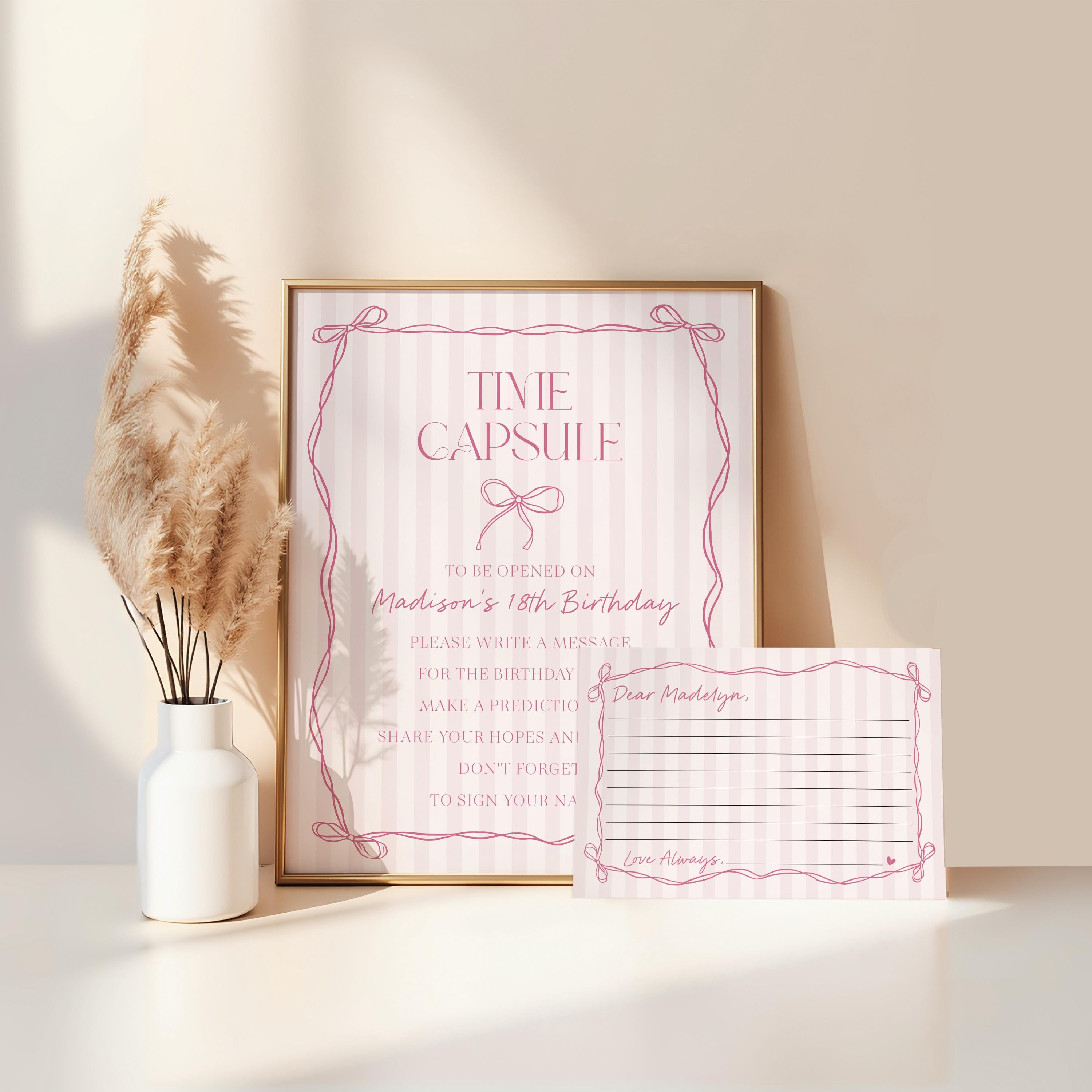 Pink Coquette Bow Time Capsule Template, Pastel Pink Grandmillennial Theme 1st Birthday Party with Whimsical Hand Drawn Bows WP1060