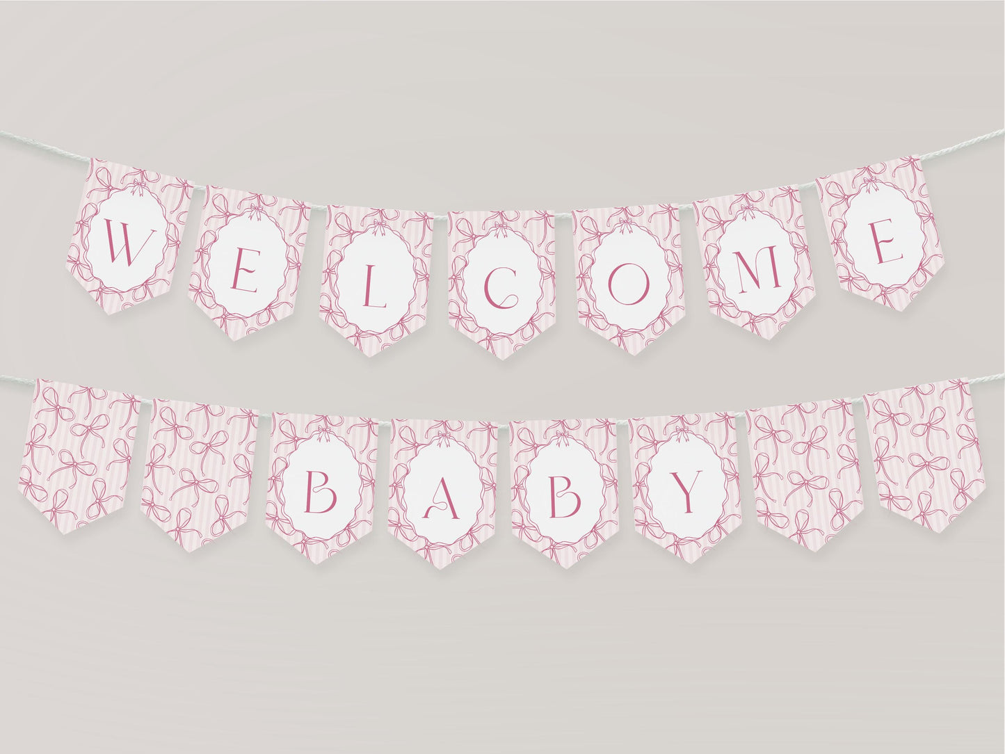 Pink Coquette Bow Baby Shower Banner Template, Pastel Pink Grandmillennial Theme Baby Sprinkle with Whimsical Hand Drawn Bows WP1060