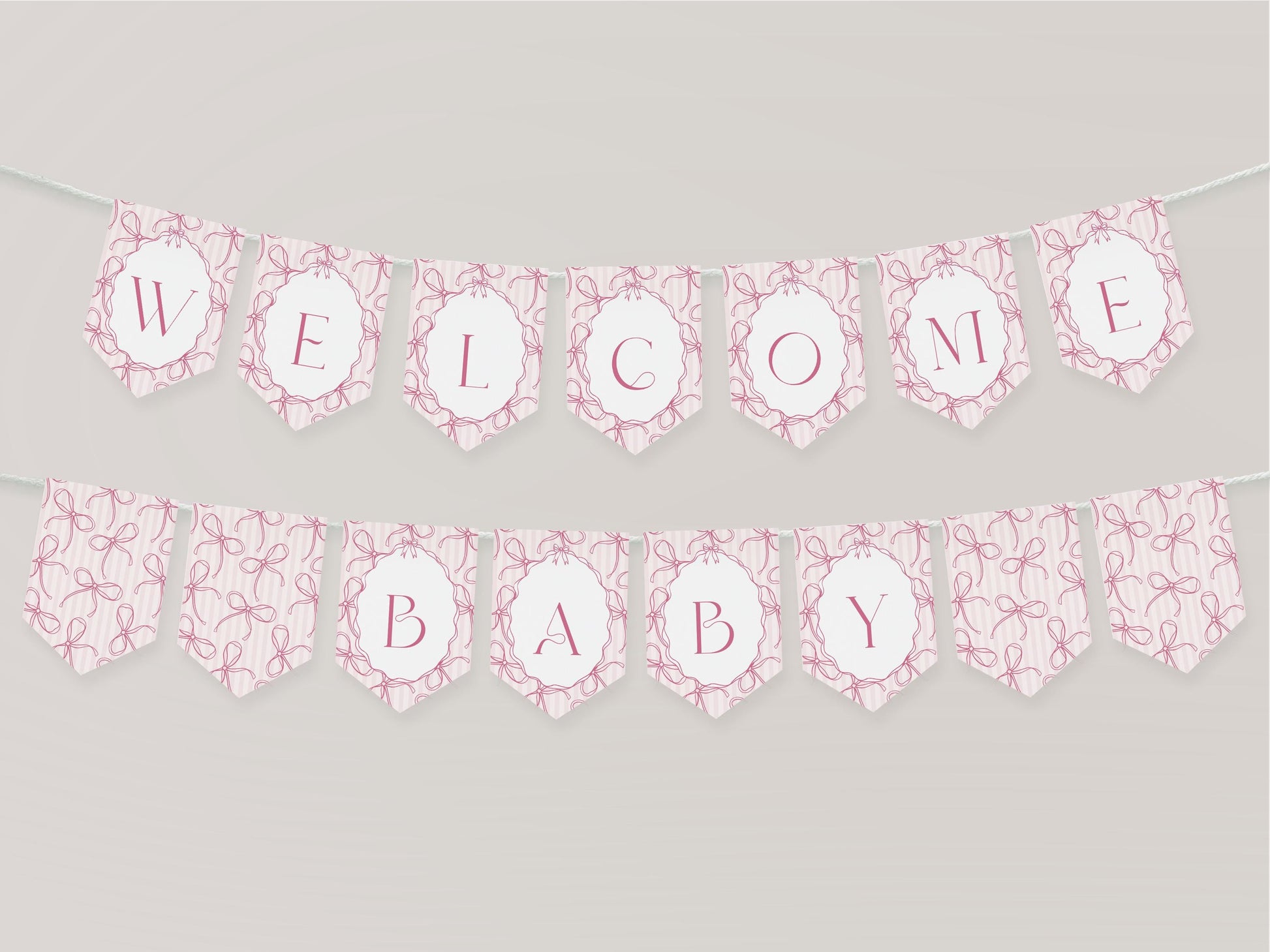Pink Coquette Bow Baby Shower Banner Template, Pastel Pink Grandmillennial Theme Baby Sprinkle with Whimsical Hand Drawn Bows WP1060