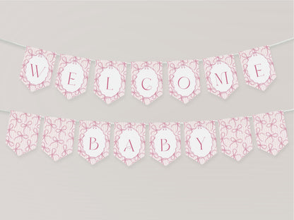 Pink Coquette Bow Baby Shower Banner Template, Pastel Pink Grandmillennial Theme Baby Sprinkle with Whimsical Hand Drawn Bows WP1060