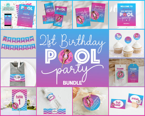 Ombre Pool Party 21st Birthday Pool Party Bundle Printable, summer birthday party, girls night decor, pink ombre flamingo pool party