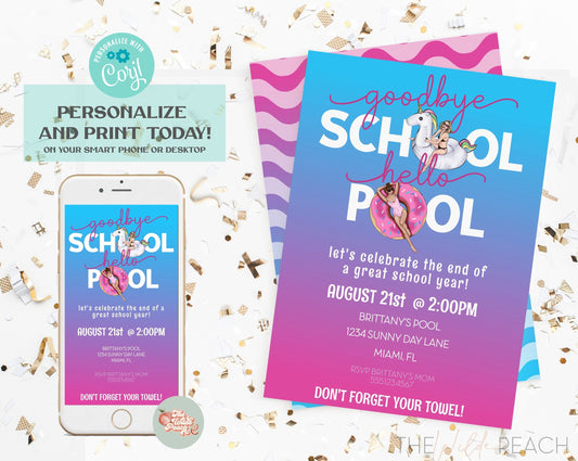 Ombre Pool Party Invitation Template, End of School Summer Pool Party Invite, Editable Class party Invitation, instant download