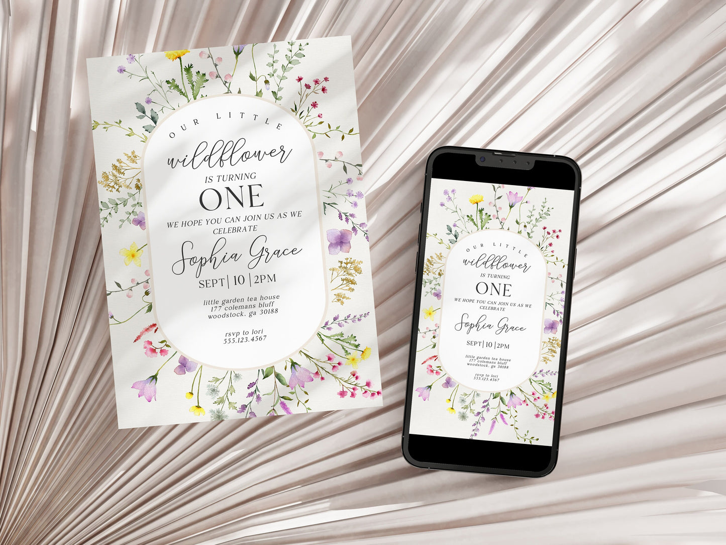 Delicate Wildflower Birthday Bundle Printable, boho floral first birthday invite, our little wildflower is turning one Editable Template